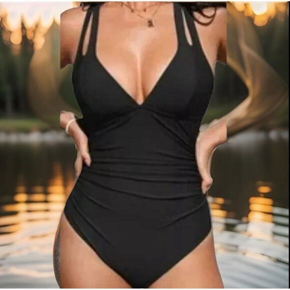 Cupshe Women XS Black One Piece Swimsuit Cutout Tie Back Crossback Tummy Control - Picture 1 of 5